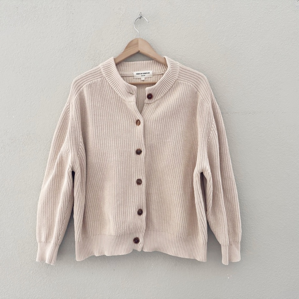 Demy by Demylee Audrey Cardigan Sweater Large Cream Fisherman Chunky Minimalist - Picture 4 of 11